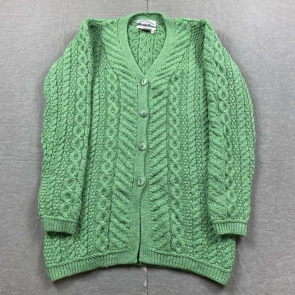 Aran Sweater Market Sweater Womens XXS Green Cable Knit Wool Long Cardigan